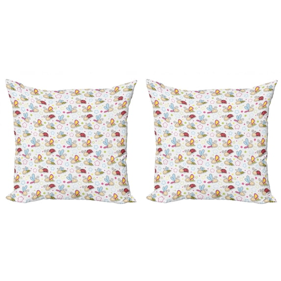 Ambesonne Cartoon Throw Pillow Cover 2 Pack, Flower Dragonfly Bugs, 16", Pale Blue Pink Red