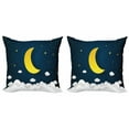 thumbnail image 1 of Nursery Throw Pillow Cushion Cover Pack of 2, Cartoon Design Night Sky with Half Moon Clouds and Stars Setting, Zippered Double-Side Digital Print, 4 Sizes, Earth Yellow Dark Teal, by Ambesonne, 1 of 2