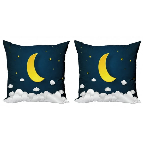 Nursery Throw Pillow Cushion Cover Pack of 2, Cartoon Design Night Sky with Half Moon Clouds and Stars Setting, Zippered Double-Side Digital Print, 4 Sizes, Earth Yellow Dark Teal, by Ambesonne