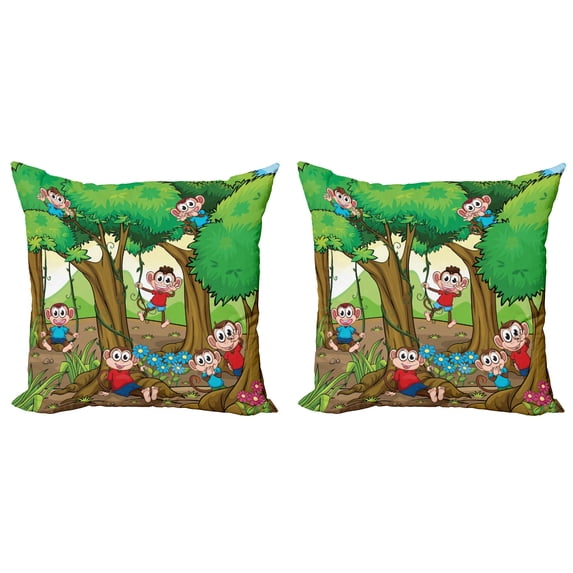 Ambesonne Cartoon Throw Pillow Cover 2 Pack, Apes Play in Forest, 24", Multicolor