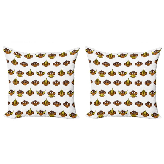 Ambesonne Cartoon Throw Pillow Cover 2 Pack, Funny Monkeys Bananas, 18", Brown Pale Brown Yellow