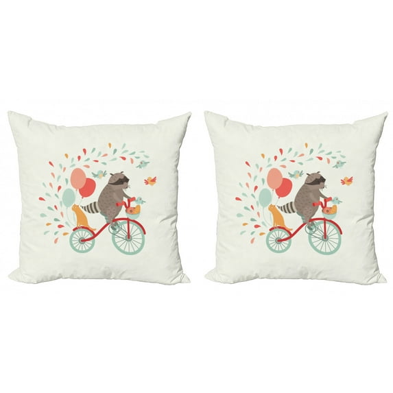 Ambesonne Cartoon Throw Pillow Cover 2 Pack, Cheerful Raccoon Bike, 20", Multicolor