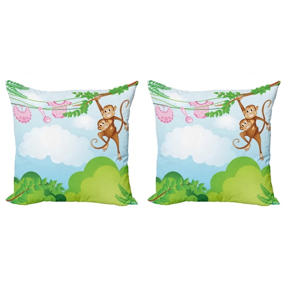 Ambesonne Cartoon Throw Pillow Cover 2 Pack, Monkey Swinging, 16", Green Brown Pink