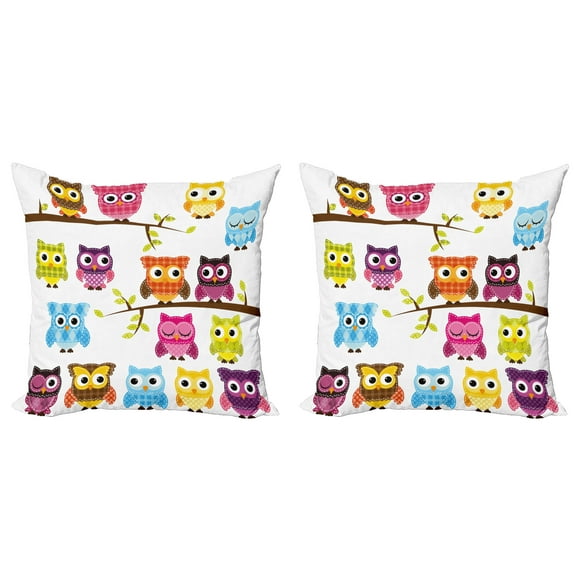 Ambesonne Cartoon Throw Pillow Cover 2 Pack, Patchwork Style Owls, 16", Multicolor