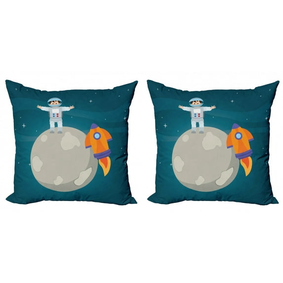 Nursery Throw Pillow Cushion Cover Pack of 2, Space Cartoon with Happy Astronaut on Moon with Colorful Rocket, Zippered Double-Side Digital Print, 4 Sizes, Petrol Blue Multicolor, by Ambesonne