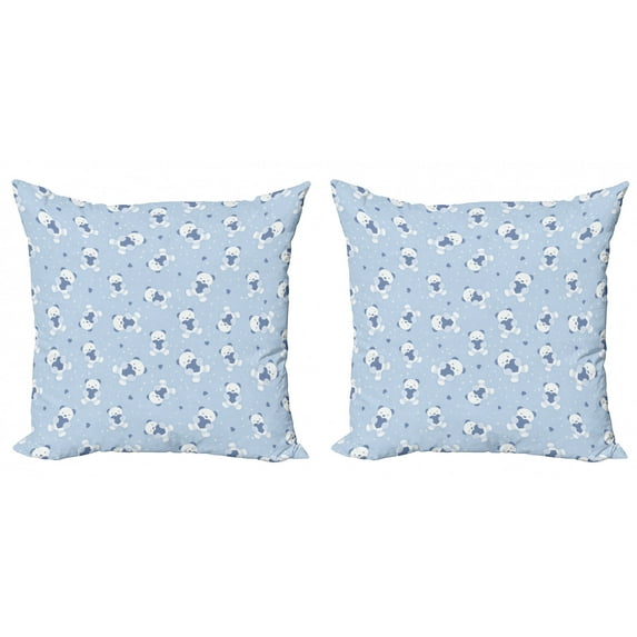 Ambesonne Cartoon Throw Pillow Cover 2 Pack, Teddy Bears with Hearts, 24", Cadet Blue Pale Blue