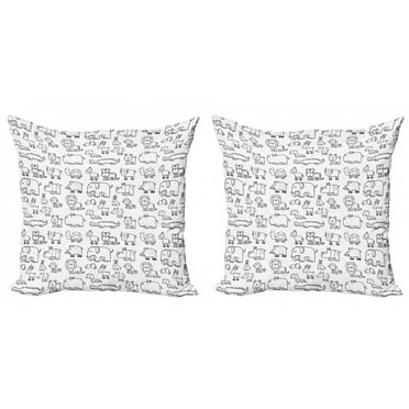 Ambesonne Cartoon Throw Pillow Cover 2 Pack, Wild Savannah Animals Set, 20", White and Black