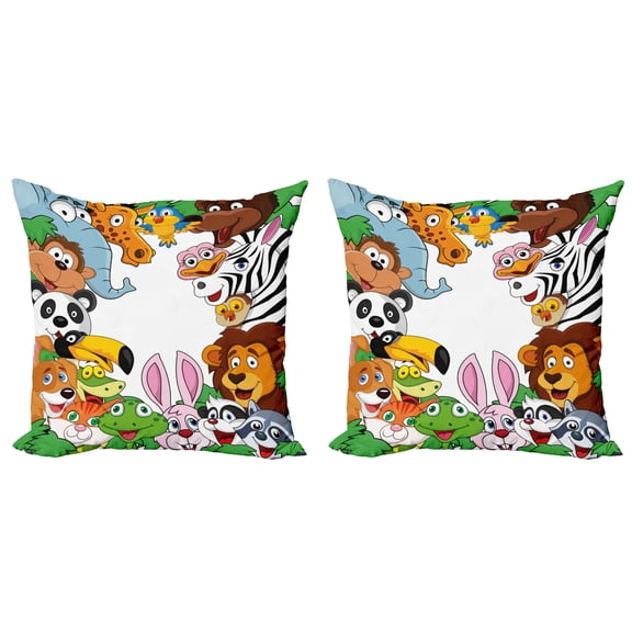 Ambesonne Cartoon Throw Pillow Cover 2 Pack, Tropical Jungle Animals, 20", Multicolor