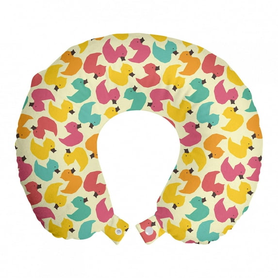 Nursery Travel Pillow Neck Rest, Geometrical Colorful Duck Toys Pattern in Repeating Design on Plain Background, Memory Foam Traveling Accessory Airplane and Car, 12", Multicolor, by Ambesonne