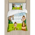 thumbnail image 1 of Nursery Twin Size Duvet Cover Set, Three Monkeys Playing in a Tropical Forest Banana Africa Safari Nature, Decorative 2 Piece Bedding Set with 1 Pillow Sham, Pale Blue Brown Green, by Ambesonne, 1 of 3