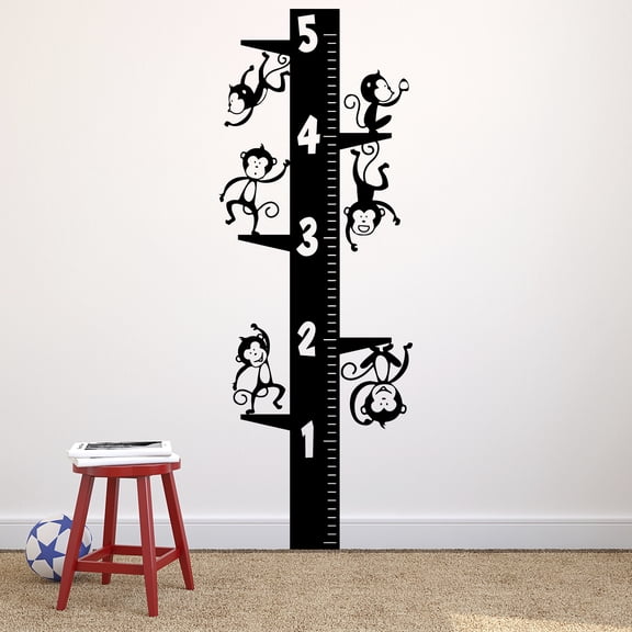 Nursery Vinyl Wall Art Decal - Cute Hanging Monkeys Growth Chart - 64" x 23" - Childrens Bedroom Removable Vinyl Wall Decals - Baby Zoo Animals Unisex Little Kids Room Play Area Daycare