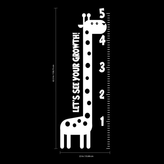 Nursery Vinyl Wall Art Decal - Let’s See Your Growth Chart Zoo Giraffe - 62.5" x 22" - Safari Animal Wall Art Sticker Decals - Unisex Kids Room Play Area Daycare Wall Decor (62.5" x 22"; White)