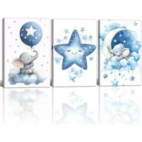Nursery Wall Art Baby Boy Wall Decor Blue Elephant Moon and Stars Painting Prints Cute Animal Canvas Poster for Kids Room Decor d(Baby-2,12L x 16W x 3Pcs)