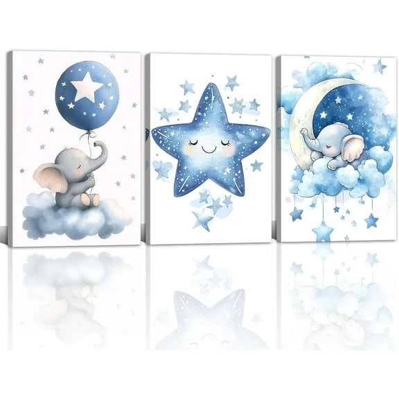 Nursery Wall Art Baby Boy Wall Decor Blue Elephant Moon and Stars Painting Prints Cute Animal Canvas Poster for Kids Room Decor d(Baby-2,12L x 16W x 3Pcs)