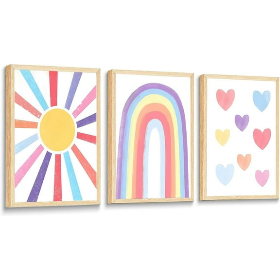 Nursery Wall Art Boho Canvas Prints Mid-Century Modern Sun Rainbow Hearts Poster Children's Room Pictures Decoration Painting for Kids Nursery Classroom Bedroom Wall Decor