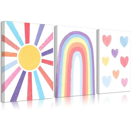 Nursery Wall Art Boho Canvas Prints Mid-Century Modern Sun Rainbow Hearts Poster Children's Room Pictures Decoration Painting for Kids Nursery Classroom Bedroom Wall Decor