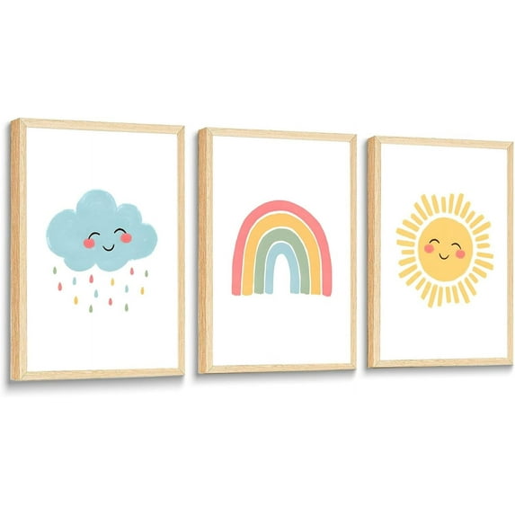 Nursery Wall Art Boho Canvas Prints Mid-Century Modern Sun Rainbow Hearts Poster Children's Room Pictures Decoration Painting for Kids Nursery Classroom Bedroom Wall Decor