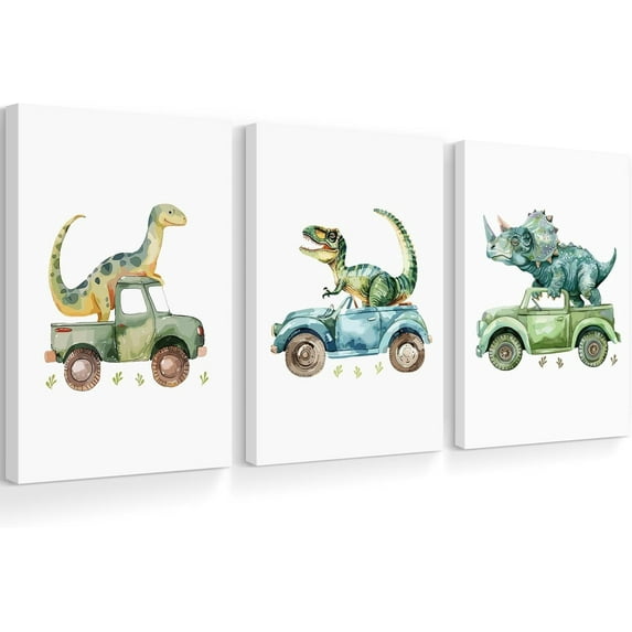 Nursery Wall Art Decor Dinosaur poster Prints Baby Boy Nursery Wall Decor Green Dino Pictures Toddler Kids Poster Cartoon Car Painting Boys Room Artwork for Bedroom Bathroom Inch Ready to Hang