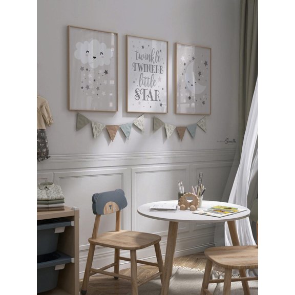 Nursery Wall Art Gray Moon, Cloud & Stars Prints, Poster Only