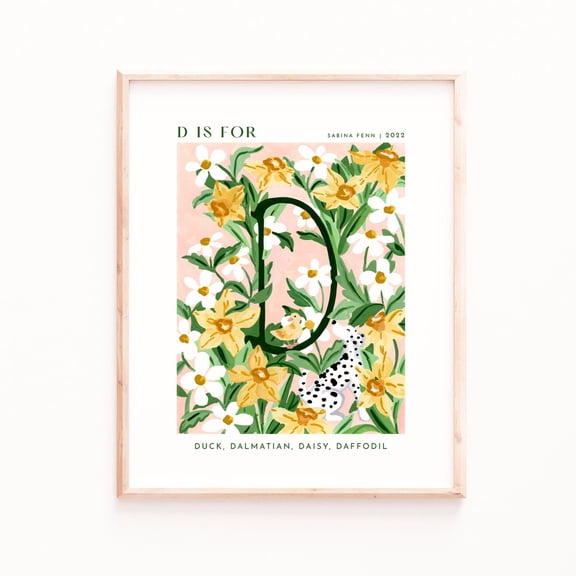Nursery Wall Art: Letter D Animals and Flowers - Dalmatian, Duck, Daffodil Poster Art Print Home Decor, Unframed Poster Size 8x12 F03.1.20l592