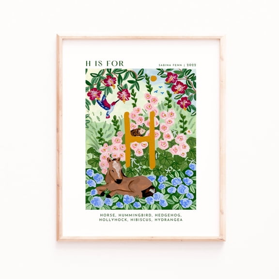 Nursery Wall Art: Monogram H with Animals and Flowers - Matte Print Poster Art Print Home Decor, Unframed Canvas Size 12x18 F03.1.20l903