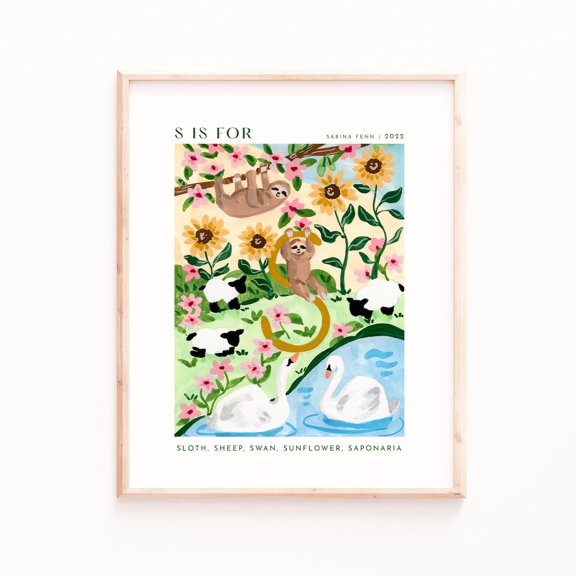 Nursery Wall Art: Monogram S with Animals and Florals - Hand Painted Poster, Unframed Canvas Size 8x12 F03.1.19l1555