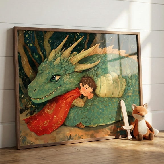 Nursery Wall Art Of Dragon And Child Room Decor Fantasy Forest Unframed Paper Print