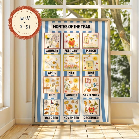 Nursery Wall Art Printable Educational Kids Calendar Poster Classroom Decor Homeschool Learning Print Months Of The Year Colourful Art | 06, Poster Only