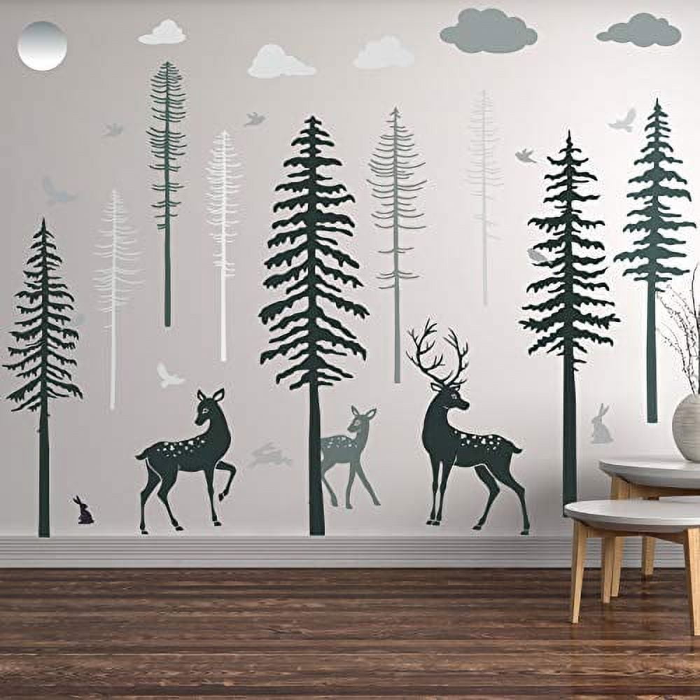 Nursery Wall Decal Forest Deer Pine Trees Wall Decal Woodland Vinyl Wall  Sticker for Kids Babies Room Nursery Decoration (15.7 x 35.4 Inch) 