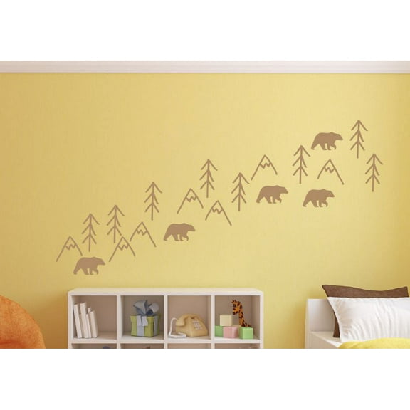 Nursery Wall Decals Woodland Bears Trees Mountains Baby Room Decoration Tan