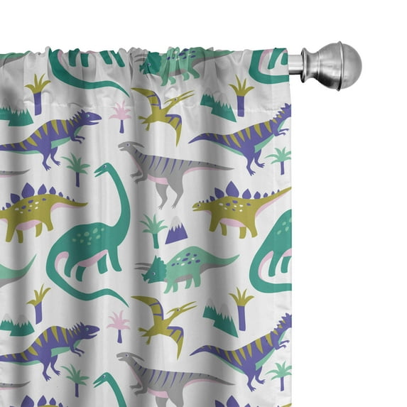 Nursery Window Curtain Simplistic Colorful Cartoon of Various Dinosaurs Mountains and Palm Trees Print, Lightweight Decorative Panels Set of 2 with Rod Pocket, 56" x 63", Multicolor, by Ambesonne