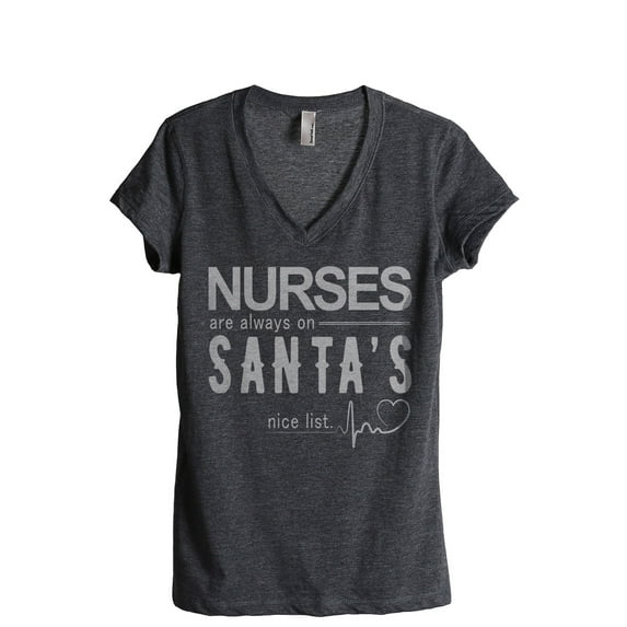 Nurses Are Always On Santa's Nice List Women's Fashion Relaxed V-Neck T-Shirt Tee Charcoal Grey 2X-Large