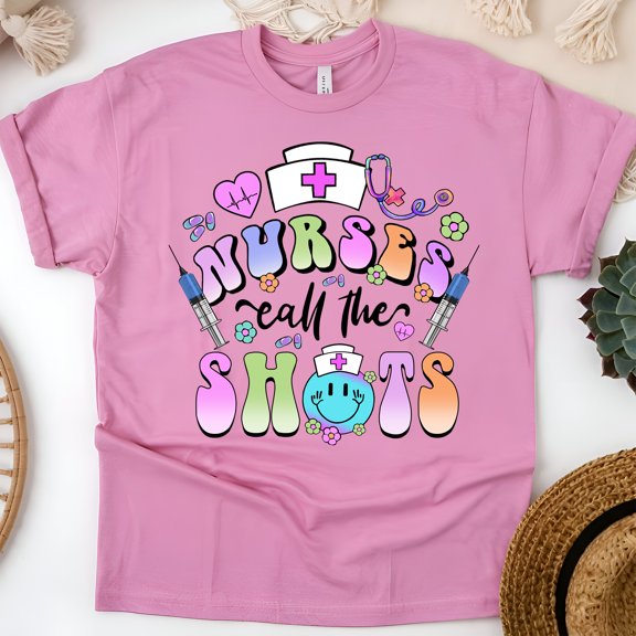 Nurses Call The Shots T-Shirt | Funny Nurse Graphic Tee with Syringe Design, Azalea, Size S