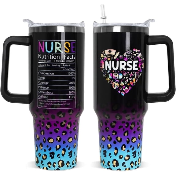 Nurses Gifts Nurse Tumbler with Handle & Straw - 40 oz Nurse Life Leopard Print Cup Coffee Mug Gifts for Women, Graduation, Appreciation, Nurses Week