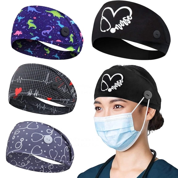 Nurses Headbands with Buttons for Mask 4pcs Nurse Gifts Wide Nurses Headbands Non Slip Elastic Ear Protection for Women Men Doctors Sweatband Headband