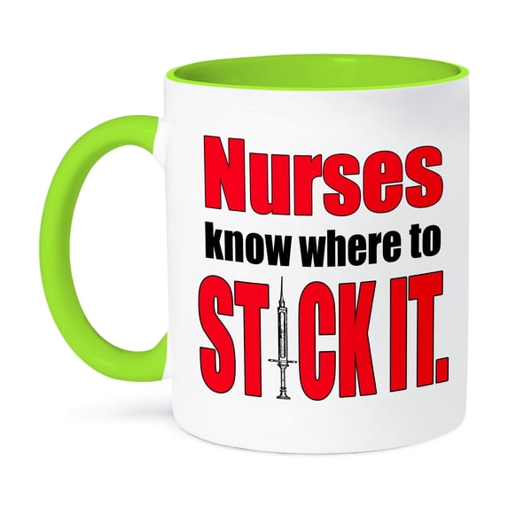 3dRose, Nurses know where to stick it, Red, 11oz Two-Tone Green Mug