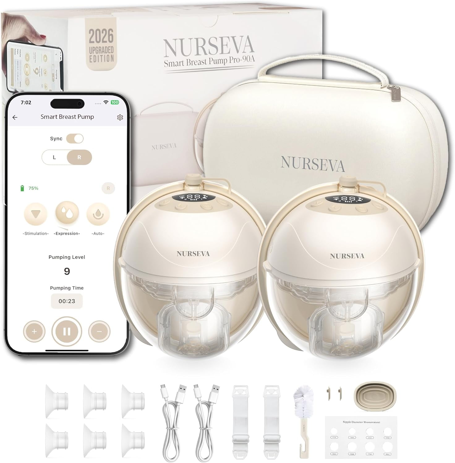 Nurseva Pro-90A Smart Wearable Breast Pump Set of 2 - 2026 Upgraded Edition, App Controlled, Double Sealed Silicone Cushion for Ultra Comfort, Leak-Proof Design