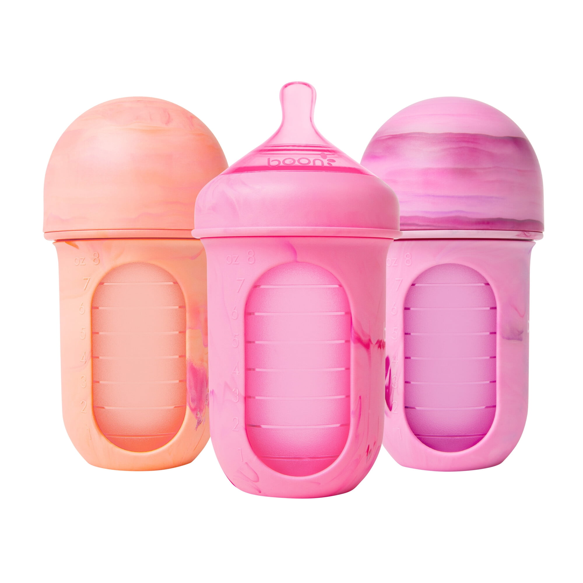 Boon NURSH Reusable Baby Bottles with Platinum Food-Safe Silicone Stage 2 Medium Flow 8oz Pink Tie Dye (3pk)