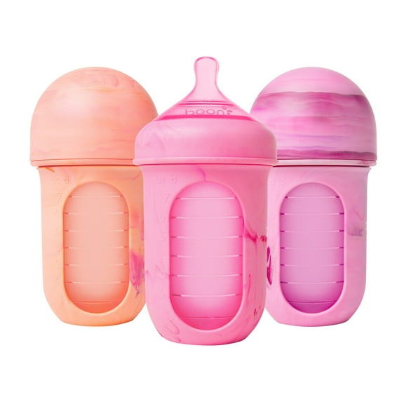 Boon NURSH Reusable Baby Bottles with Platinum Food-Safe Silicone  Stage 2 Medium Flow  8oz  Pink Tie Dye (3pk)