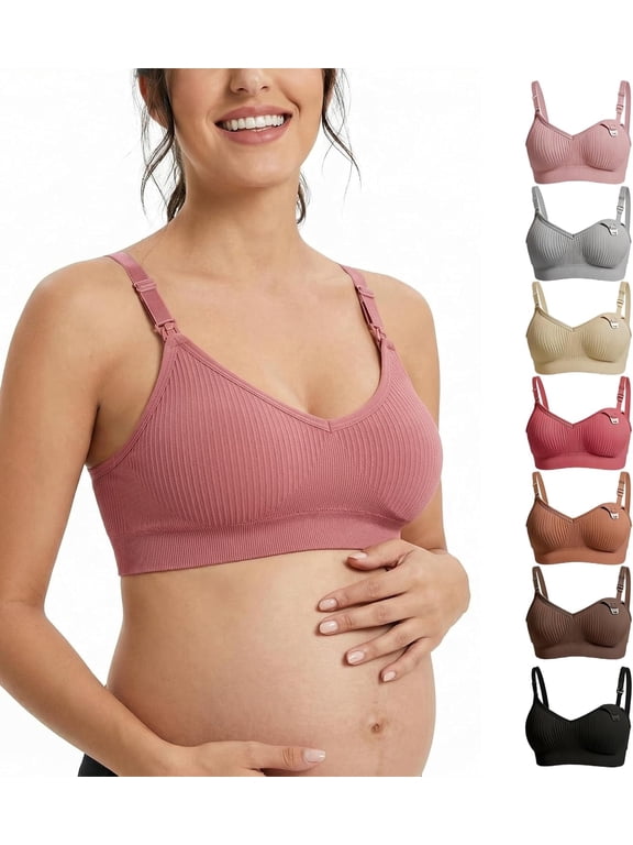 Nursing Bra 7 Pack, Seamless Wireless Maternity Bra, V-Neck Sleep Bra for Breastfeeding with Extenders