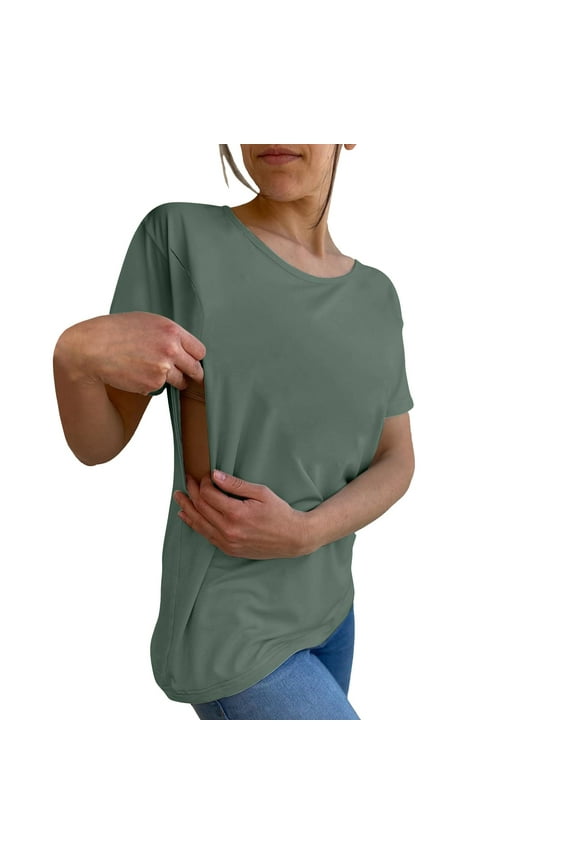 Nursing Breastfeeding Shirts for Maternity Women Summer Comfort Tops Friendly Zip T Shirts Women's Solid Color Round Tie Zipper Loose Casual Short Sleeved Top Army Green L