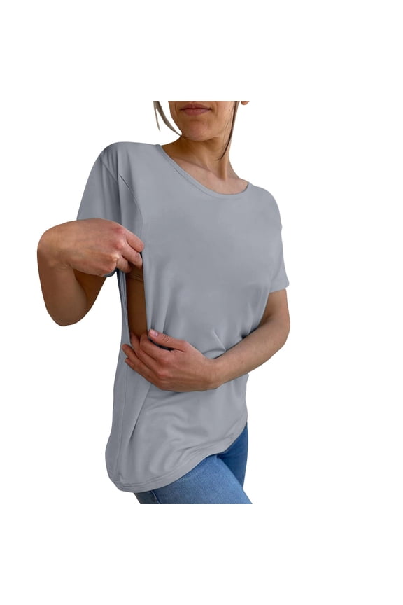 Nursing Breastfeeding Shirts for Maternity Women Summer Comfort Tops Friendly Zip T Shirts Women's Solid Color Round Tie Zipper Loose Casual Short Sleeved Top Grey S