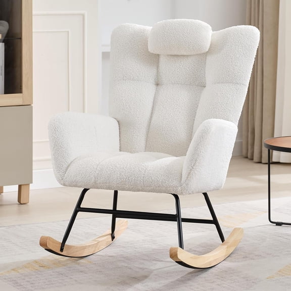 Nursing Chair for Adults - Teddy Upholstered Glider Rocking Chair, Compact & Space-Saving, Fits Living Room, Bedroom, Small Spaces-Beige