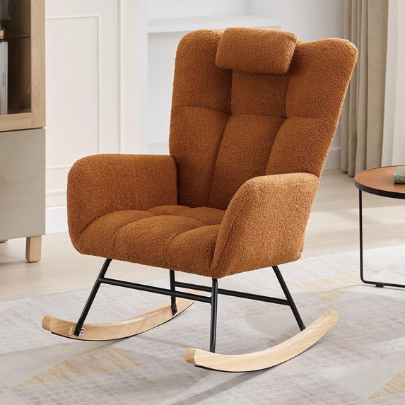 Nursing Chair for Adults - Teddy Upholstered Glider Rocking Chair, Compact & Space-Saving, Fits Living Room, Bedroom, Small Spaces-Brown