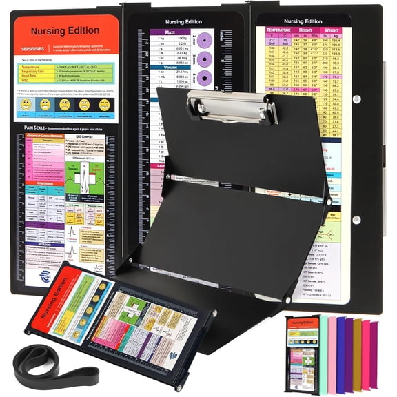 Nursing Clipboard Foldable with Medical Edition Cheat Sheets, 3 Layers Aluminum Foldable Clipboard for Nursing, Notepad for Students, Nursing School Essentials (Black)