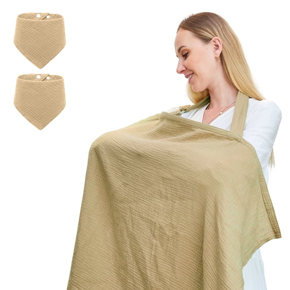 Nursing Cover for Baby Breastfeeding,Breathable Cover with Rigid Hoop for Mother Nursing Apron, Multi-use Adjustable Privacy Nursing Apron Cover,Include Two Baby Bibs,khaki