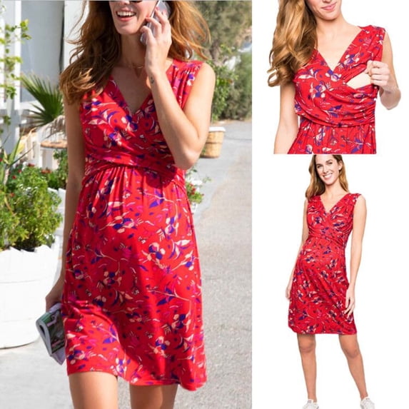 Nursing Dresses Breastfeeding for Women Maternity Printed Sleeveless V Neck Ruched Pregnancy Dress Red L