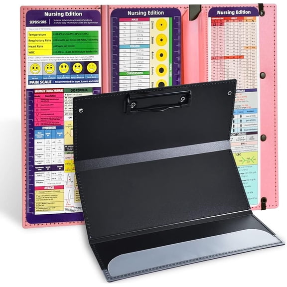 Nursing Foldable Plastic Clipboard 3 Layers with Medical Edition Cheat Sheets, Pink Pocket Foldable Nurse Clip Boards Notepad for Students,Doctors and Medical Staff