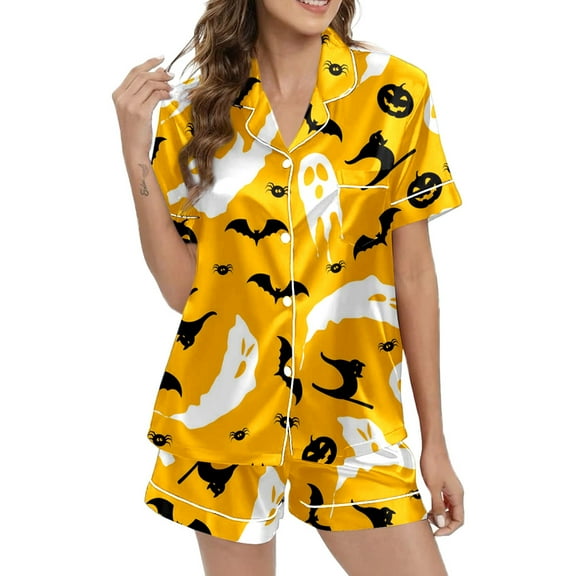 Nursing Friendly Pajamas – Comfortable Button Up Pajama Sets, Soft Lounge Wear for Women Chic: Women's Halloween Printed Button Up Collar Tee & Shorts Pajama Ensemble