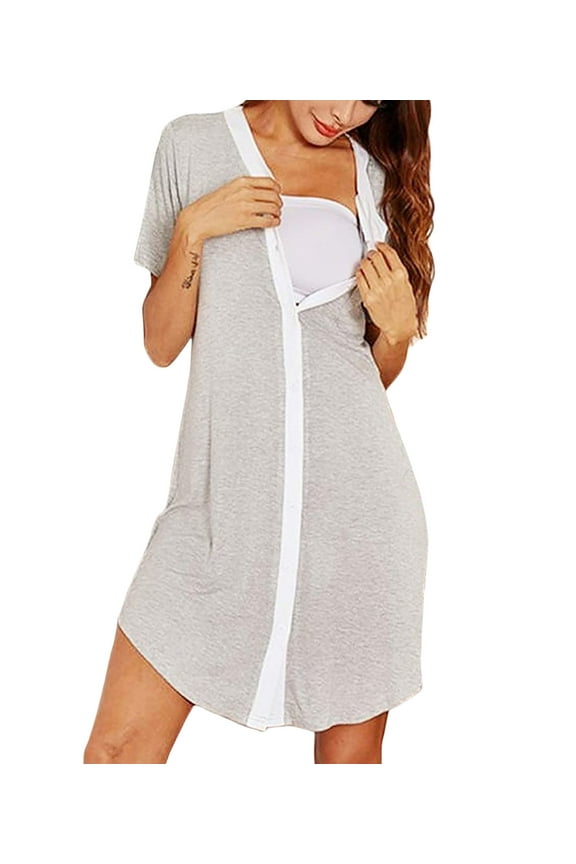 Nursing Gown 3 in 1 Delivery/Labor/Nursing for Women Short/Long Sleeve Pajamas Sleepwear V Neck Maternity Nightdress Breastfeeding Sleep Dress Loungewear,Gray L